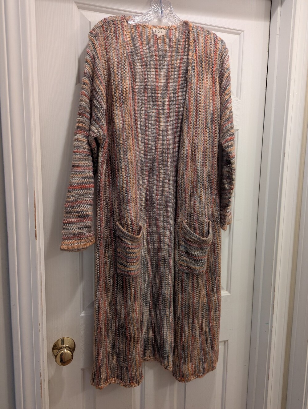 POL Women's Multi Color Acrylic Boho Lightweight Open Cardigan Size L *EUC